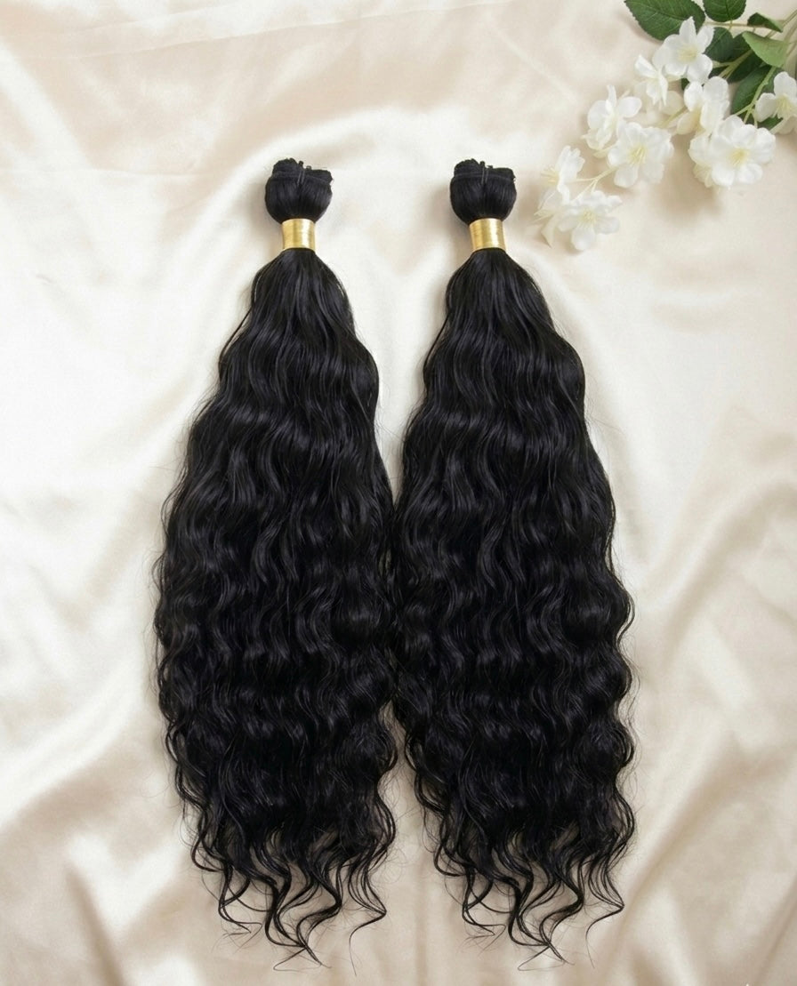 Raw Cambodian Wavy 2-Bundle Set featuring two luxurious wavy bundles of 100% raw human hair.