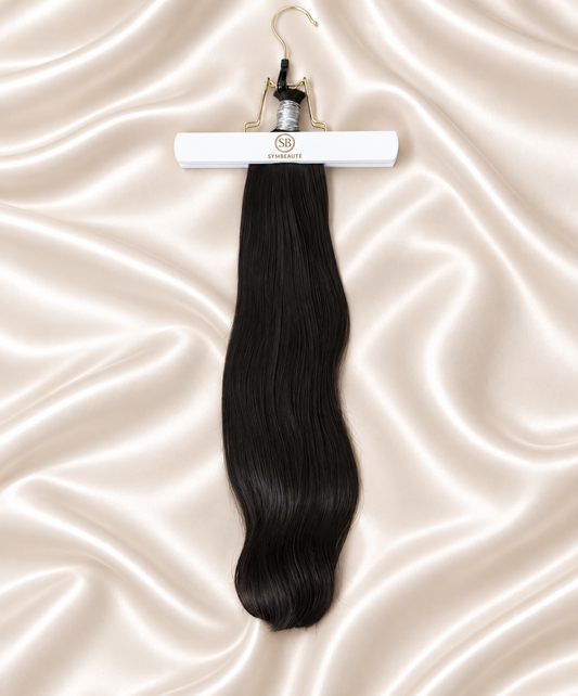 Raw Vietnamese Straight Bulk Hair 100g on hanger on ivory satin