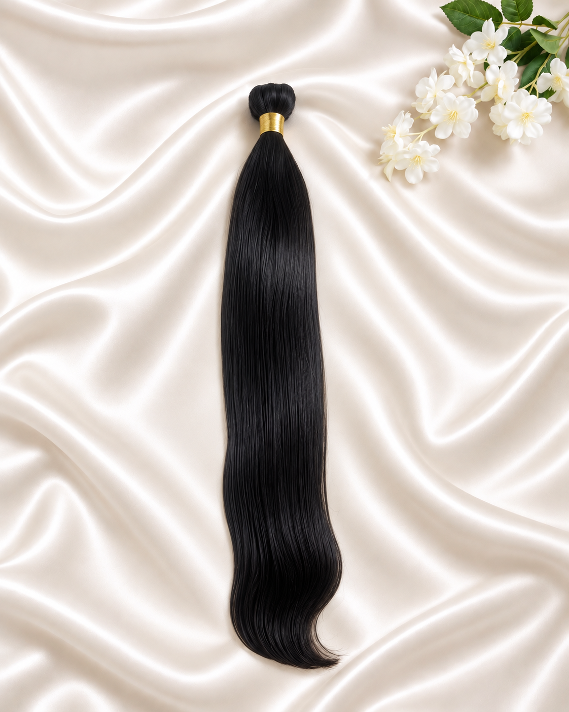 Raw Vietnamese Natural Straight Hair 100g on ivory satin