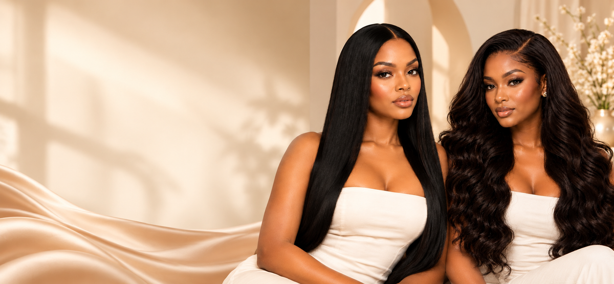 Woman wearing long SymBeauté raw hair extensions