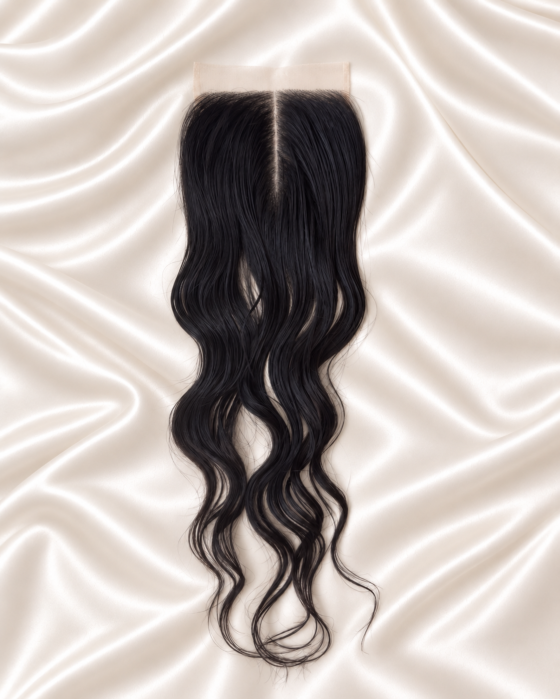 Raw Cambodian Wavy 5x5 HD lace closure on ivory satin