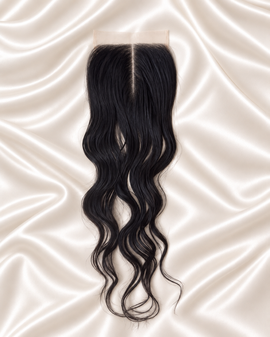 Raw Cambodian Wavy 5x5 HD lace closure on ivory satin