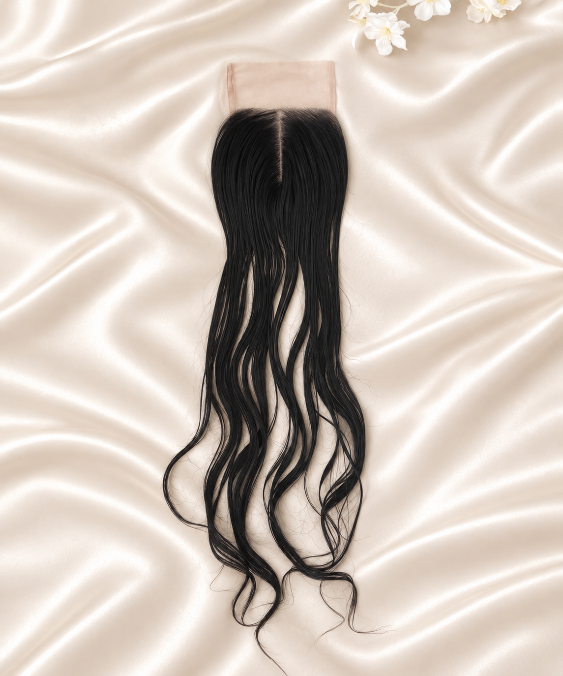 Raw Cambodian Wavy 4x4 HD lace closure on ivory satin