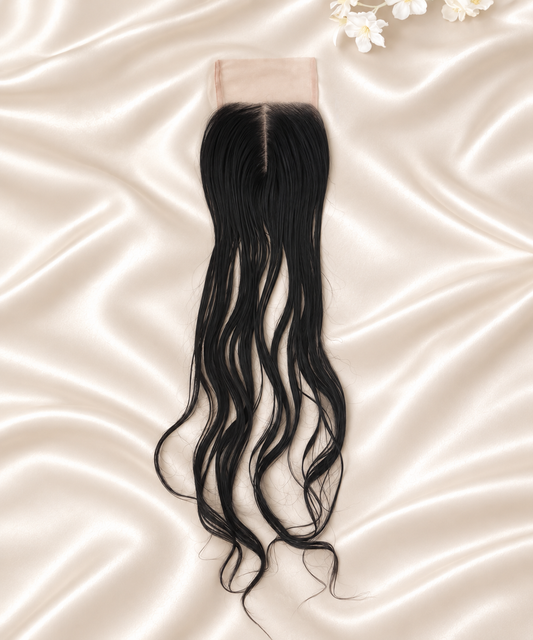 Raw Cambodian Wavy 4x4 HD lace closure on ivory satin