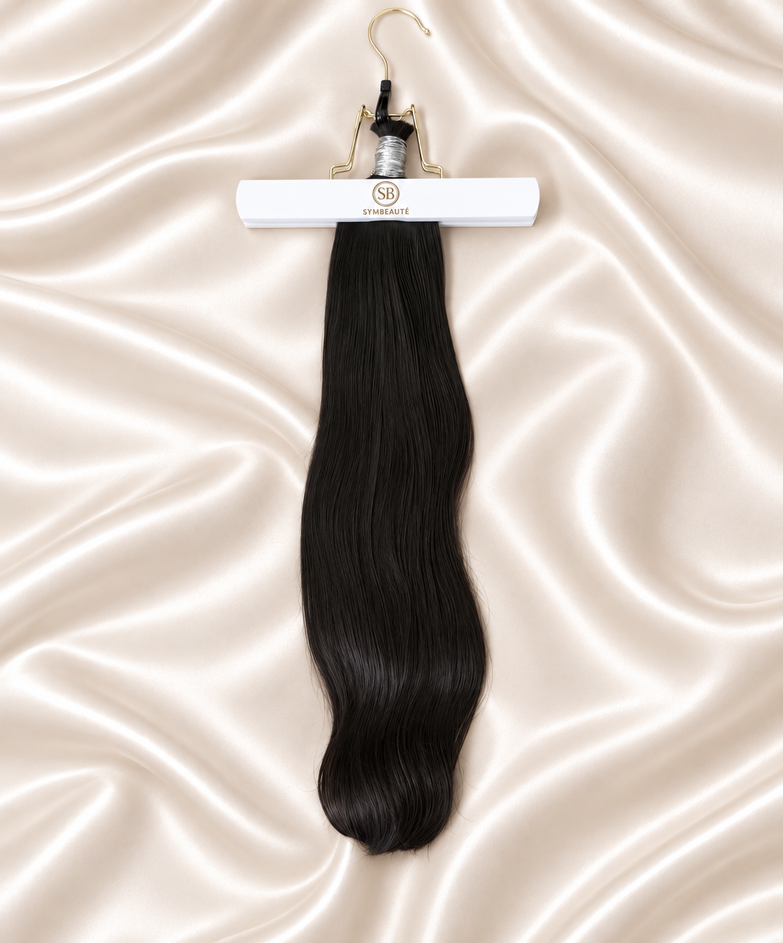 Raw Vietnamese Straight Bulk Hair 100g on hanger on ivory satin 