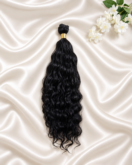 Raw Cambodian Natural Wavy Hair 100g on ivory satin