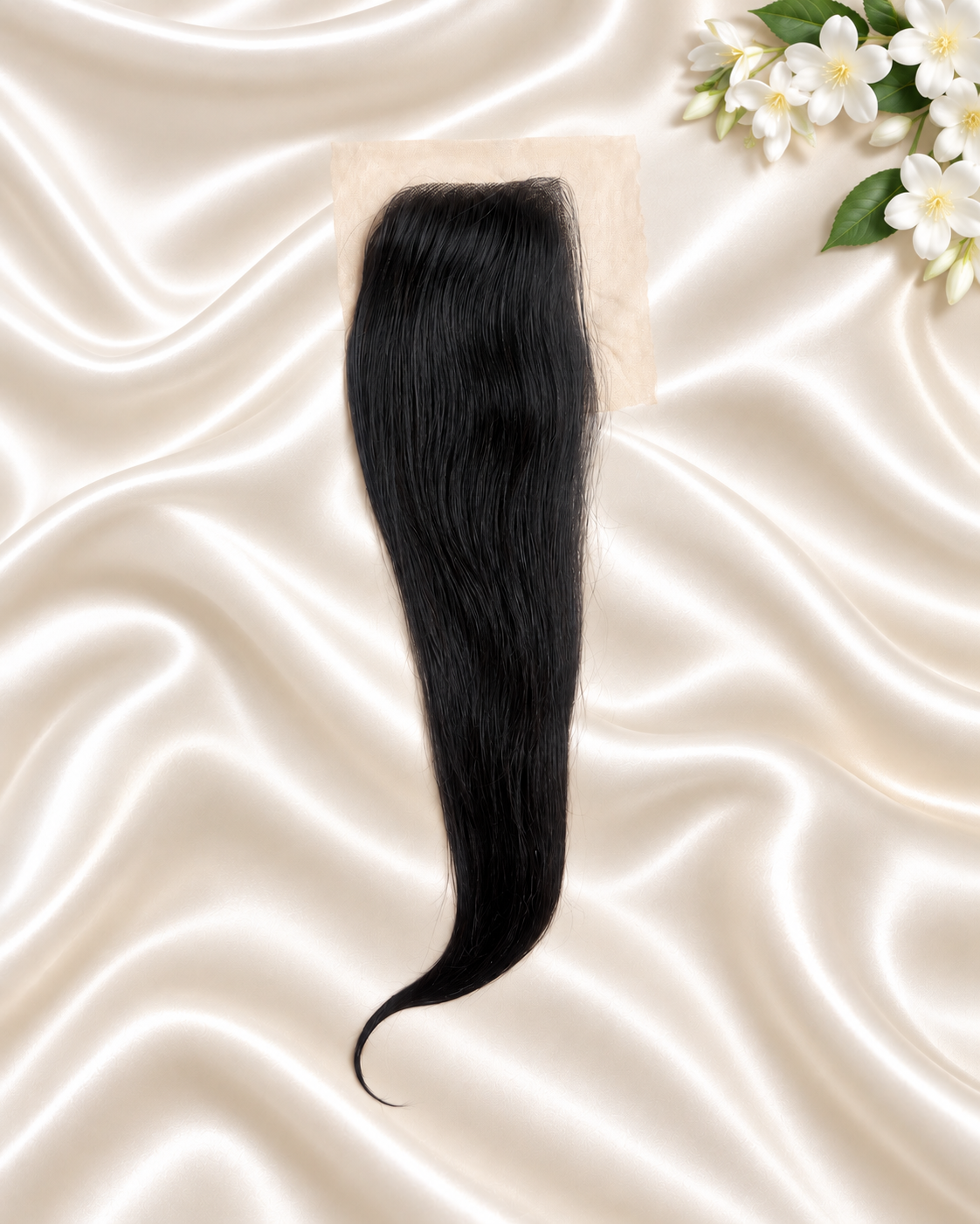 Raw Vietnamese Straight 5x5 HD lace closure on ivory satin