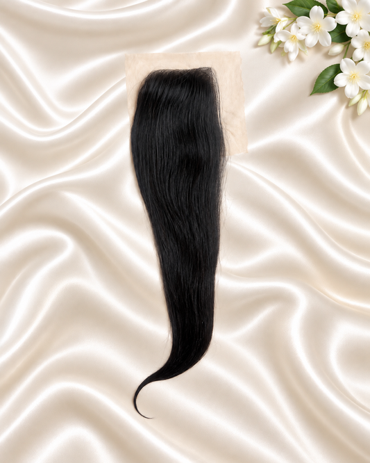 Raw Vietnamese Straight 5x5 HD lace closure on ivory satin