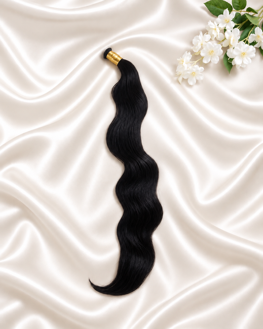 Raw Vietnamese Natural Wavy Bulk Hair 100g on ivory satin